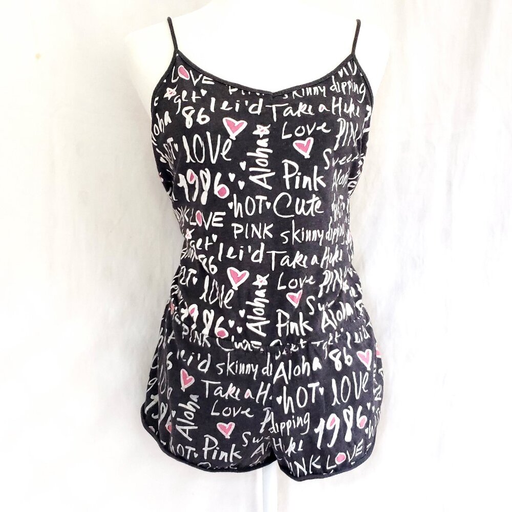 PINK Victoria Secret Dark Grey White Pink Logo Spell out Strappy Romper Size L